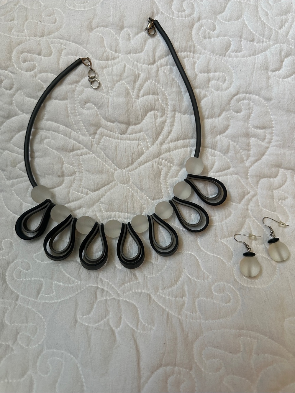 Modern Black and Frosted White Teardrop Necklace & Earring Set